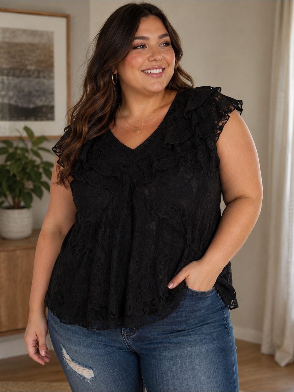 VTG First Option Too! Black Floral Ruffle Lace Tank Top Blouse Sz 1X Whimsygoth